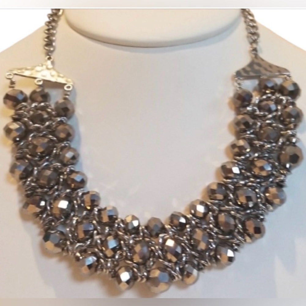 Beautiful Silver-Toned Mixed Metal Beaded Bib Necklace